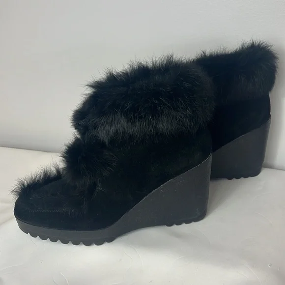 Coach Kataya Wedge Ankle Boots Booties in Black Suede with Black Rabbit Fur Trim - Picture 6 of 17